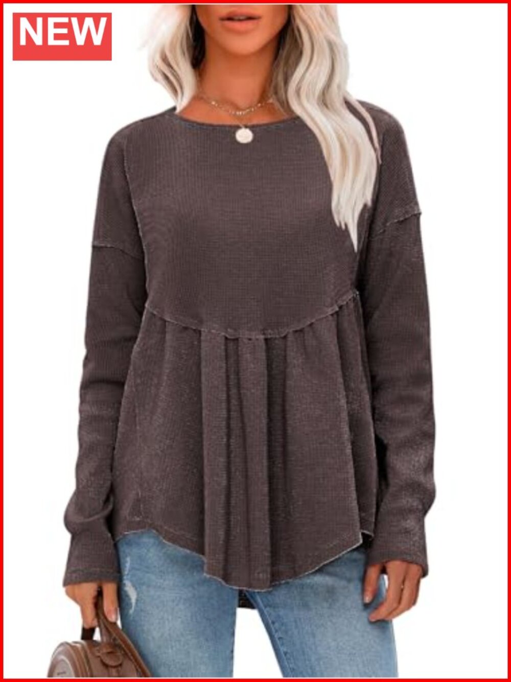 Waffle Knit Long Sleeve Tunic Top Crewneck Loose Babydoll Maternity Blouse